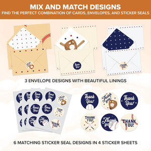 Baseball Thank You Cards, 24Pcs Greeting Card with 6 Designs, Blank Inside, 6X4 Inch, Matching Envelopes & Stickers, Perfect for Birthday, Coach, Father'S Day, Kid Thank You Cards