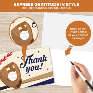 Baseball Thank You Cards, 24Pcs Greeting Card with 6 Designs, Blank Inside, 6X4 Inch, Matching Envelopes & Stickers, Perfect for Birthday, Coach, Father'S Day, Kid Thank You Cards