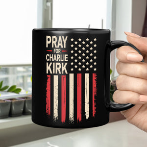 Distressed American Flag: Pray for Charlie Kirk Memorial Black Mug LM32 65619