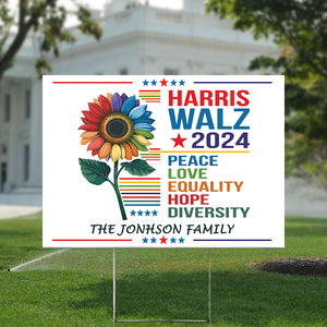 Custom Family Name Harris Walz 2024 Peace Love Equality Hope Diversity Yard Sign HO82 65052