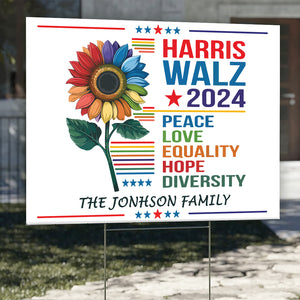 Custom Family Name Harris Walz 2024 Peace Love Equality Hope Diversity Yard Sign HO82 65052