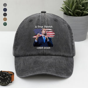 A True Patriot Charlie Kirk With US Flag Washed Denim Baseball Cap HO82 65910