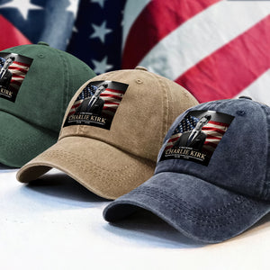 A True Patriot Charlie Kirk Memorial Washed Denim Baseball Cap CH07 67386