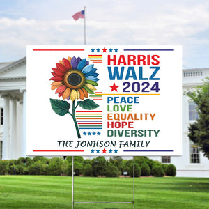 Custom Family Name Harris Walz 2024 Peace Love Equality Hope Diversity Yard Sign HO82 65052