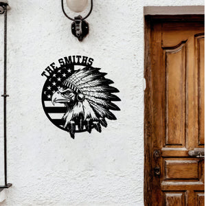 Custom Family Name Patriotic Native Eagle Metal House Metal Sign, Patriotic Wall Art HO82 901160