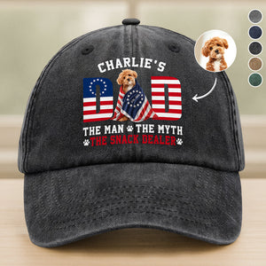 Custom Photo Dog - Dog's Dad The Man The Myth The Dealer American Flag Washed Denim Baseball Cap HO82 901264