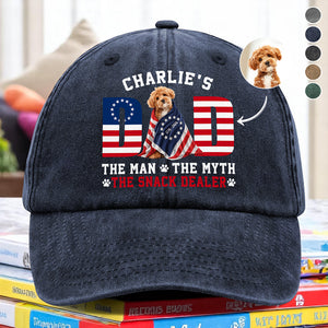 Custom Photo Dog - Dog's Dad The Man The Myth The Dealer American Flag Washed Denim Baseball Cap HO82 901264
