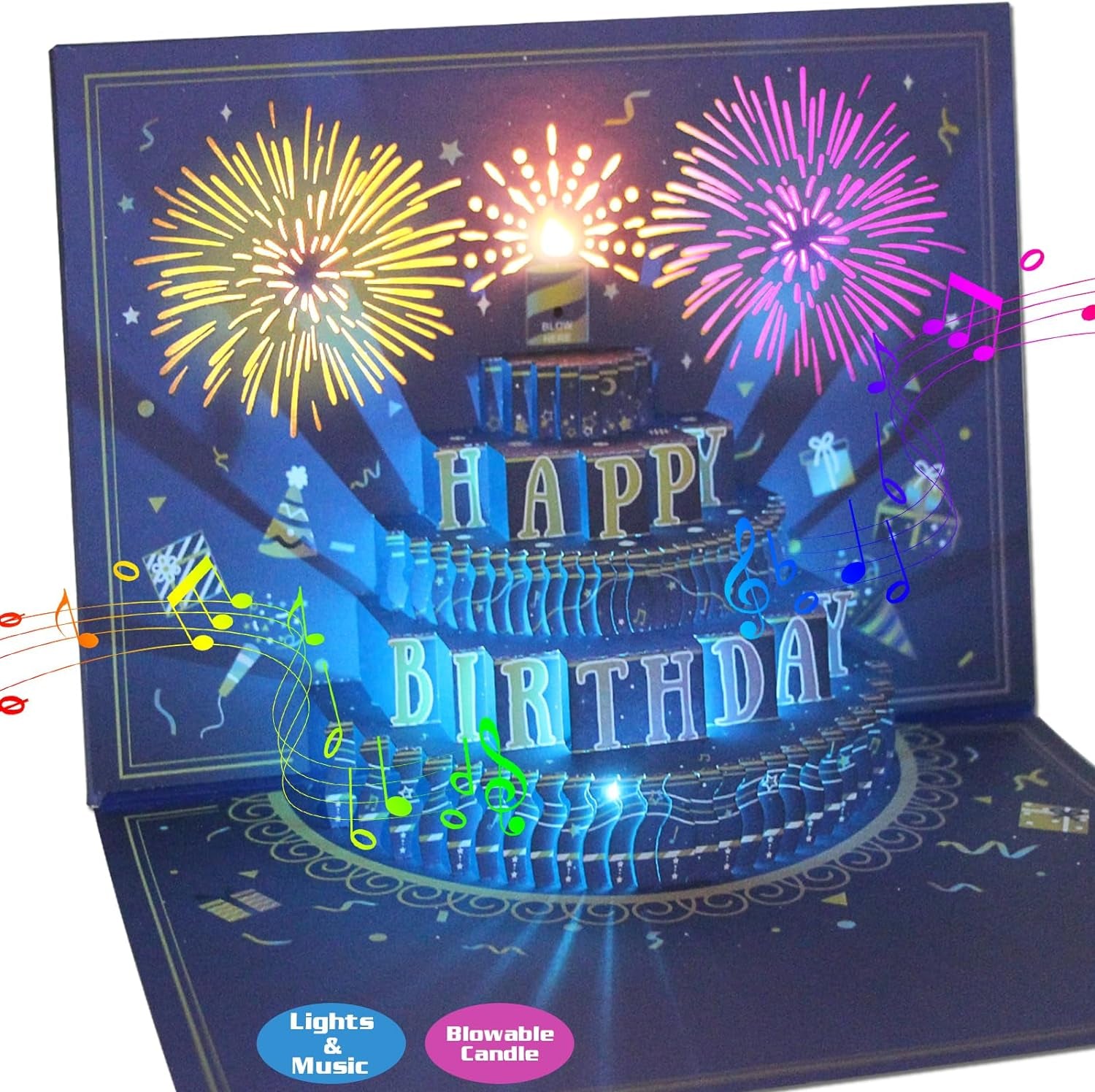 UPGRADED 3D Pop up Firework Birthday Cards, Musical & LED Lights Birthday Cards with Blowable Birthday Cake, Greeting Cards, Birthday Gifts for Mom Women Men Kids Child Dad Father Wife (Blue)