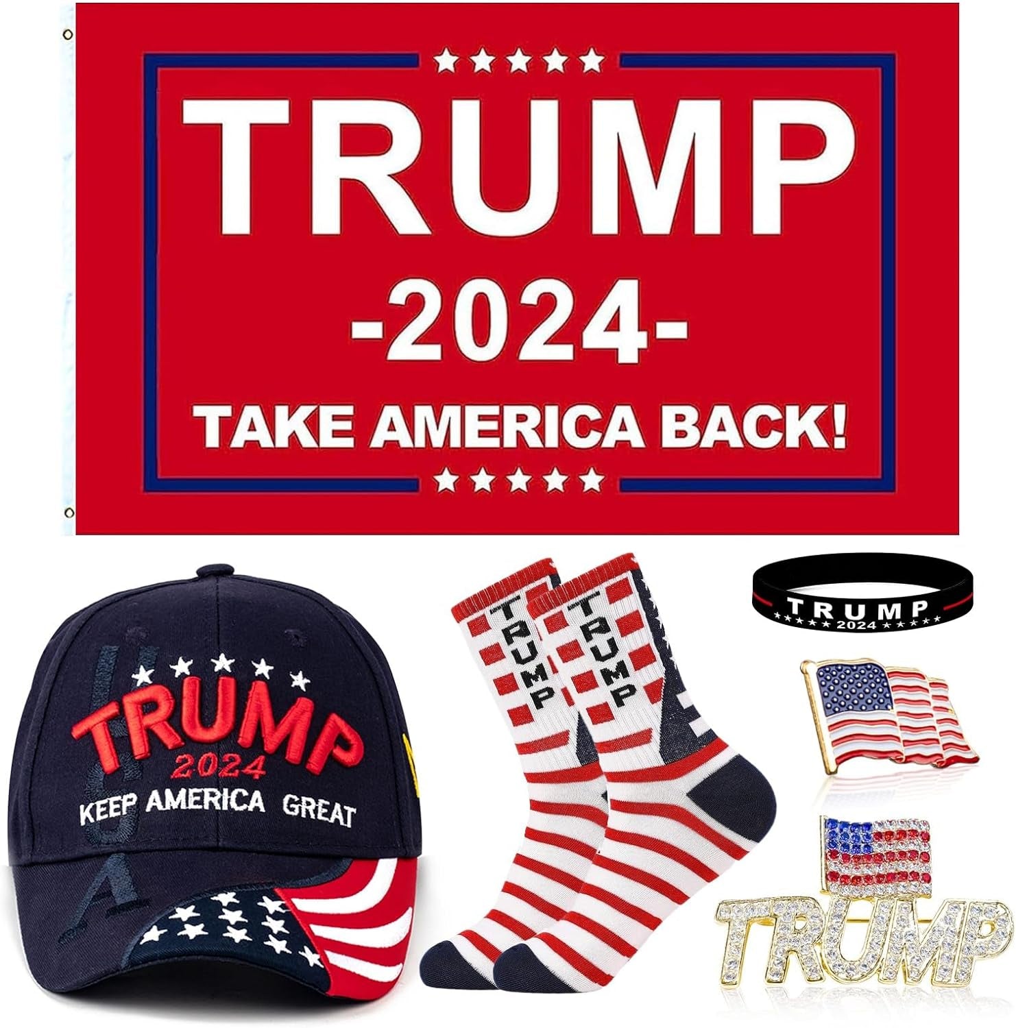 Trump 2024 Gift Set, Take America Back Flag Red Baseball Cap MAGA save America Trump Letter Striped Stars US Flag Socks Unisex W/Trump Flag Lapel Pins Wristband Supporter Kit