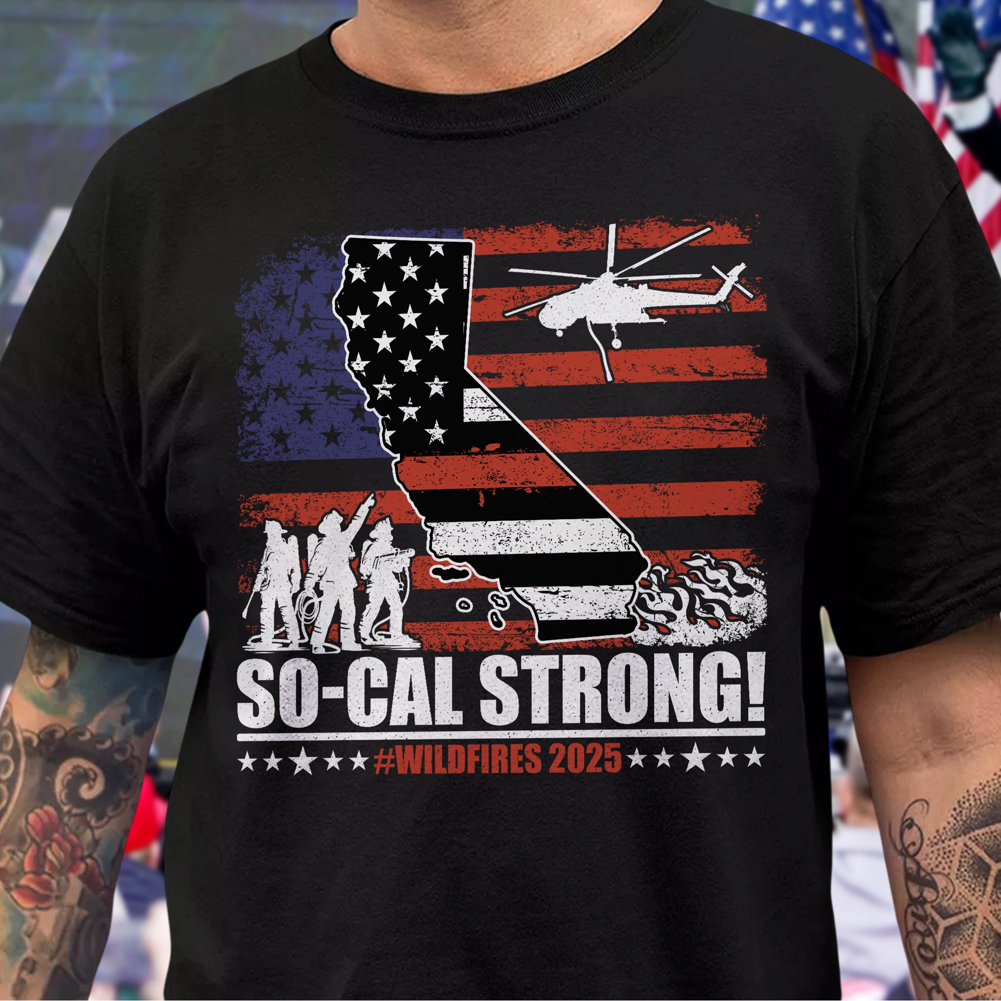 So-Cal Strong Wildfires 2025 California Firefighter With USA Flag Firefighting Volunteer Dark Shirt HO82 65686