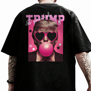 Funny Donald Trump Blowing Bubble Gum Pink Sun Glasses Backside Dark Shirt LM32 65189