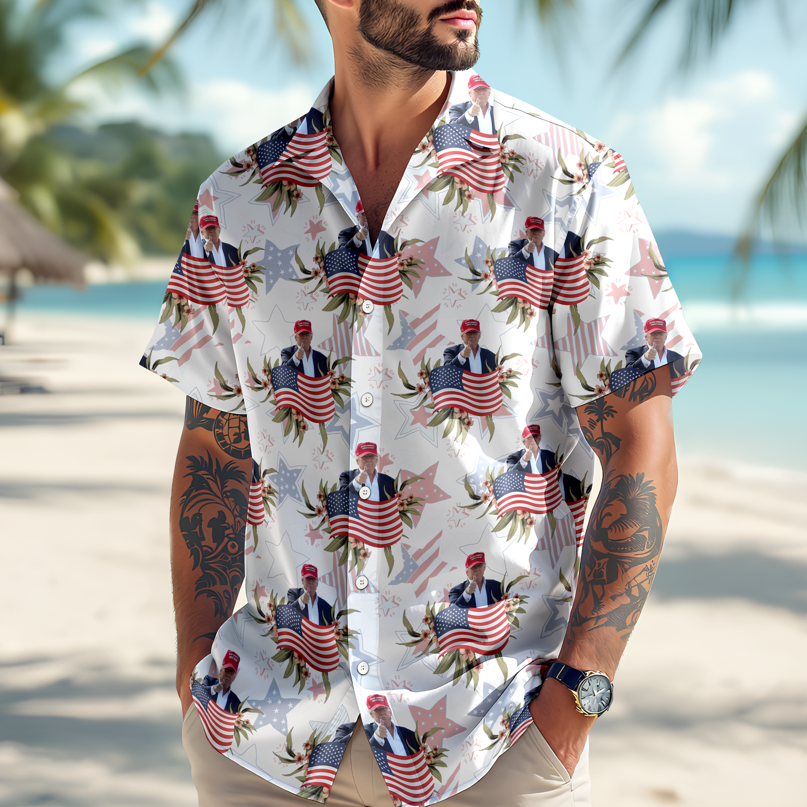 Custom Face Patriotic Stars Flag Independence Day Hawaii Shirt LM32 65355