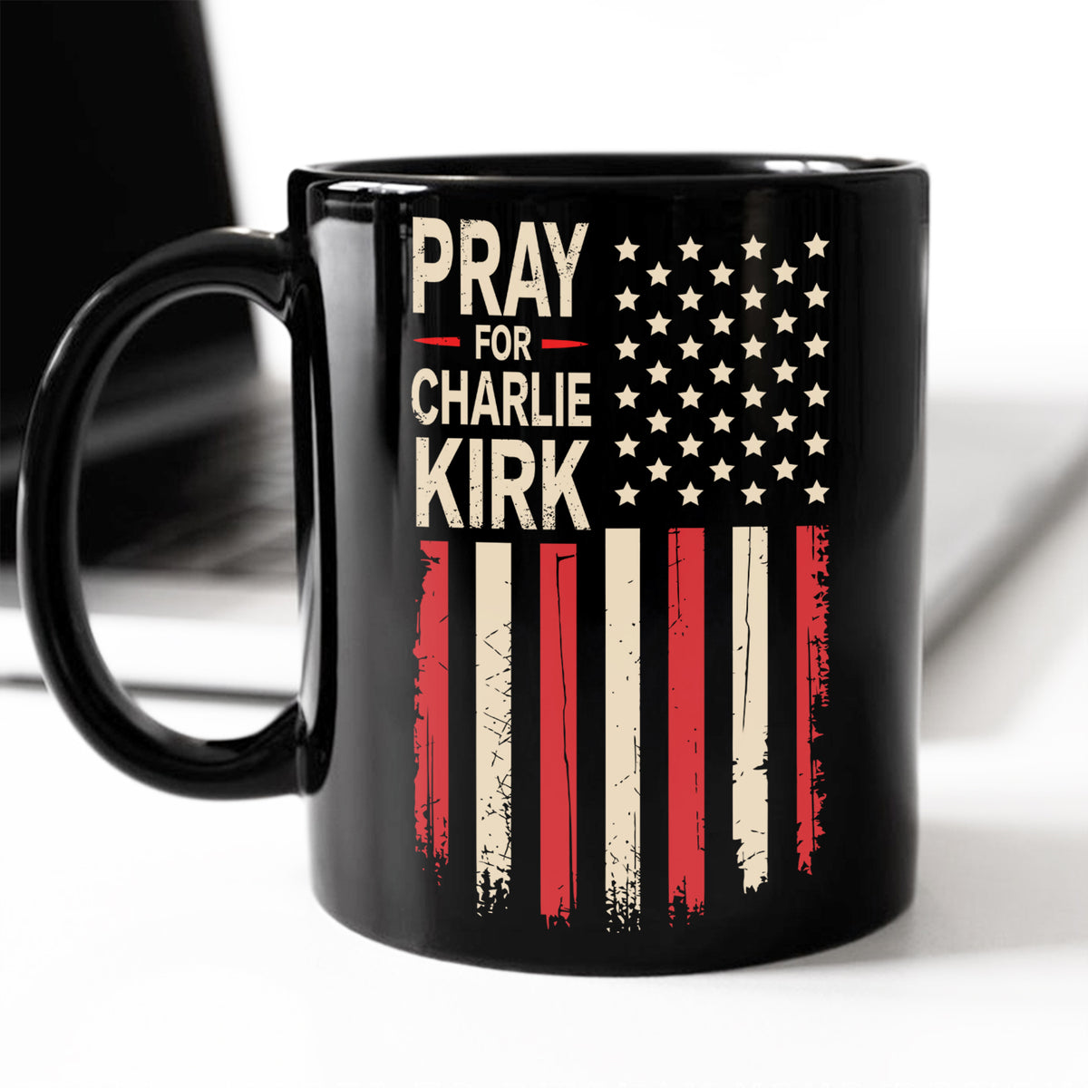 Distressed American Flag: Pray for Charlie Kirk Memorial Black Mug LM32 65619