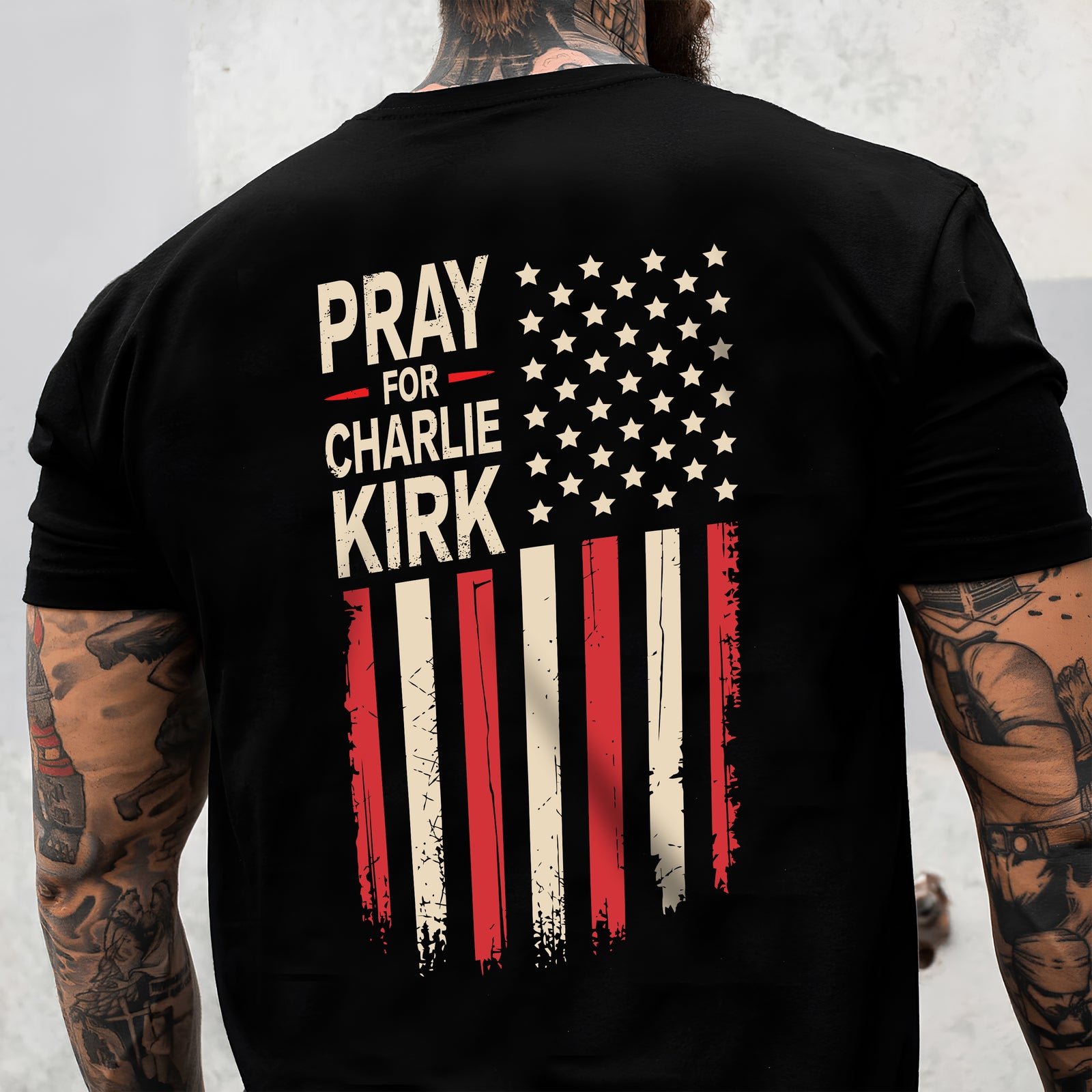 Distressed American Flag: Pray for Charlie Kirk Backside Dark Shirt LM32 65621
