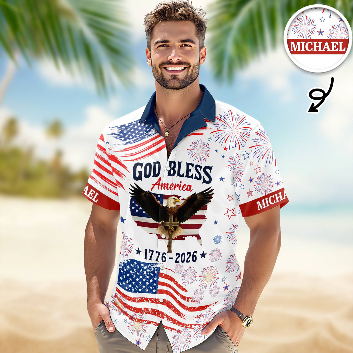 Custom Name Patriotic 250th Anniversary God Bless America Eagle Hawaii Shirt HO82 901200