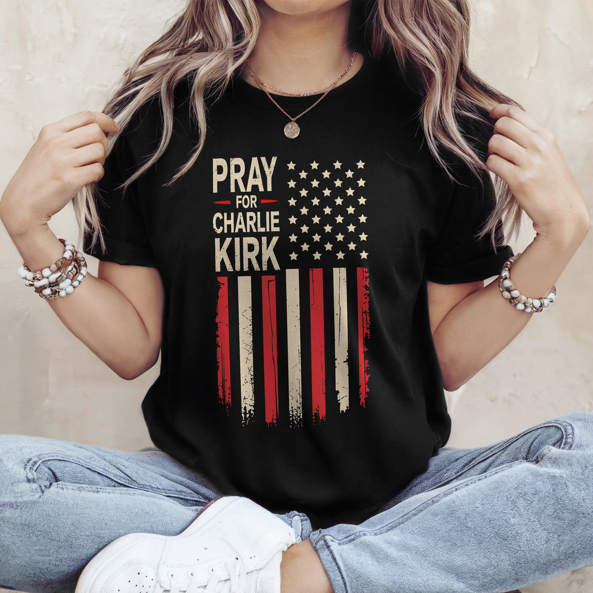 Distressed American Flag: Pray for Charlie Kirk Memorial Dark Shirt LM32 65617