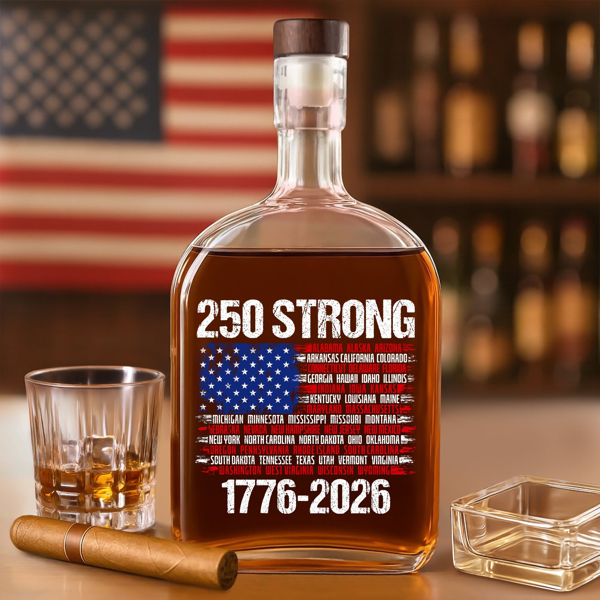 USA 250 Strong Flag American States Patriotic Whiskey Bottle LM32 895245