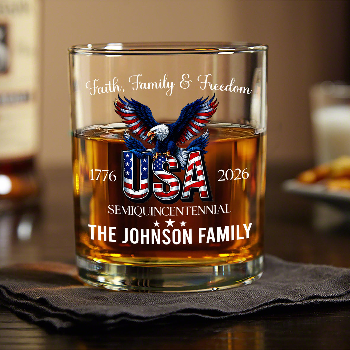 Custom Name Faith, Family & Freedom America 250 Years Patriotic Whiskey Glass LM32 897719