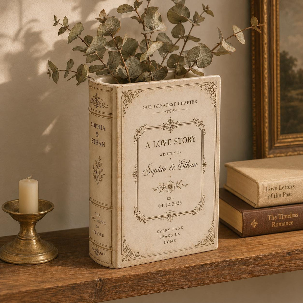 Custom Wedding A Love Story Toile De Jouy Ceramic Book Vase Bridal Shower Gift, Engagement Gift CH07 180122