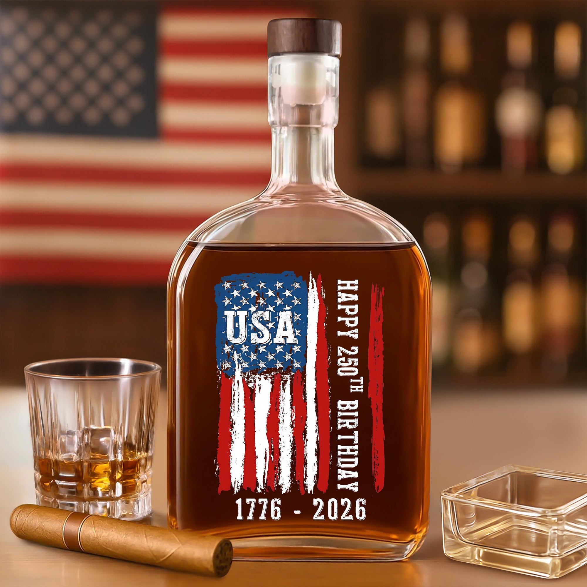 Happy 250th Birthday America Flag Whiskey Bottle LM32 895291