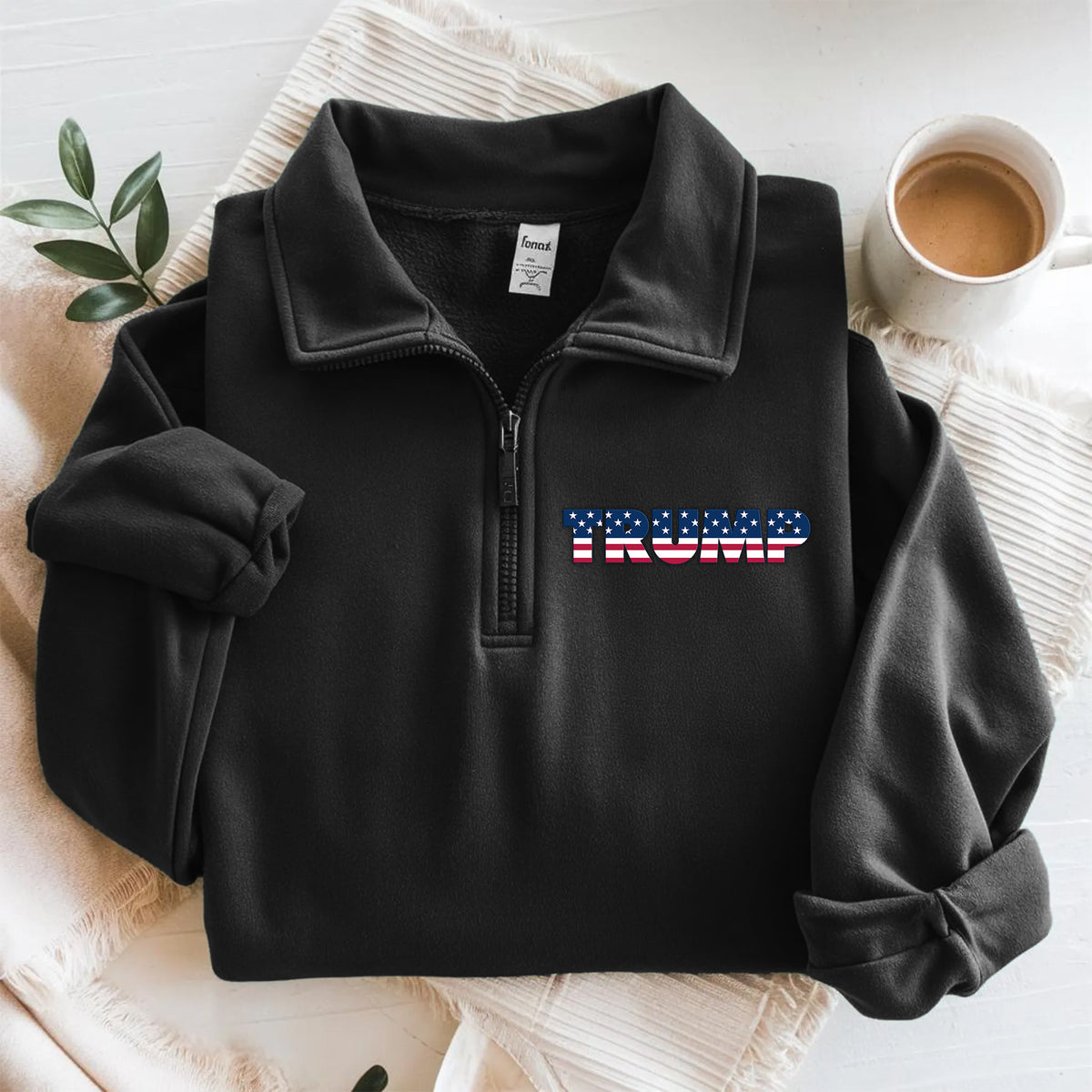 Trump Flag Text Printed Quarter Zip Sweater TH10 64619