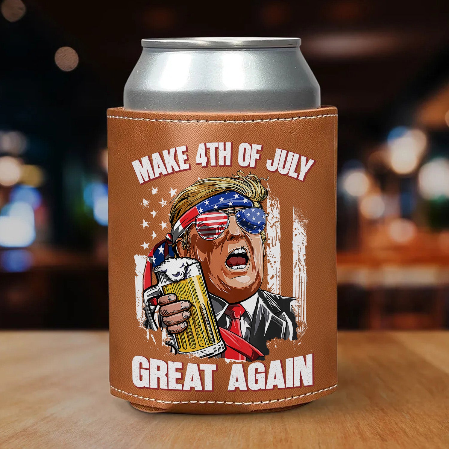 Trump Cheers Make 4th Of July Great Again Leather Can Cooler Holder LM32 65373