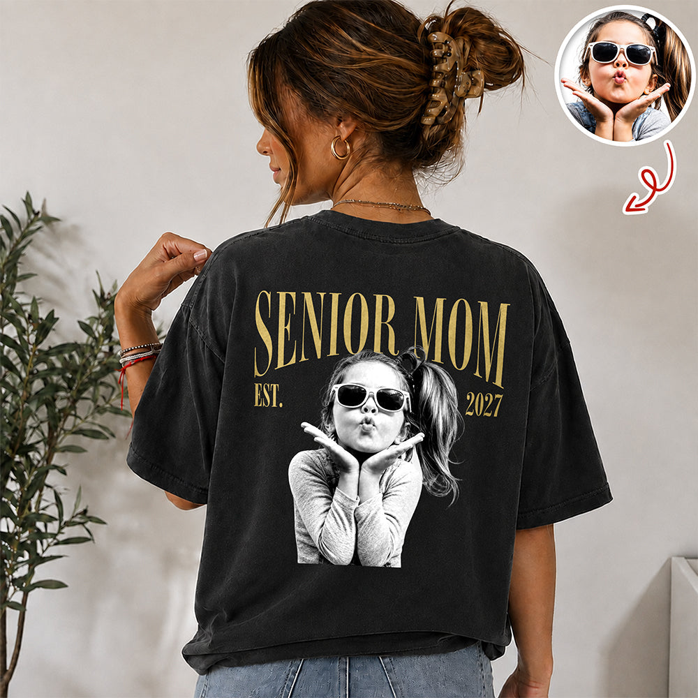 Custom Retro Photo Senior Mom EST. 2027 Back Comfort Shirt - Personalized Class of 2027 Gift, Proud Family Gift HO82 903264