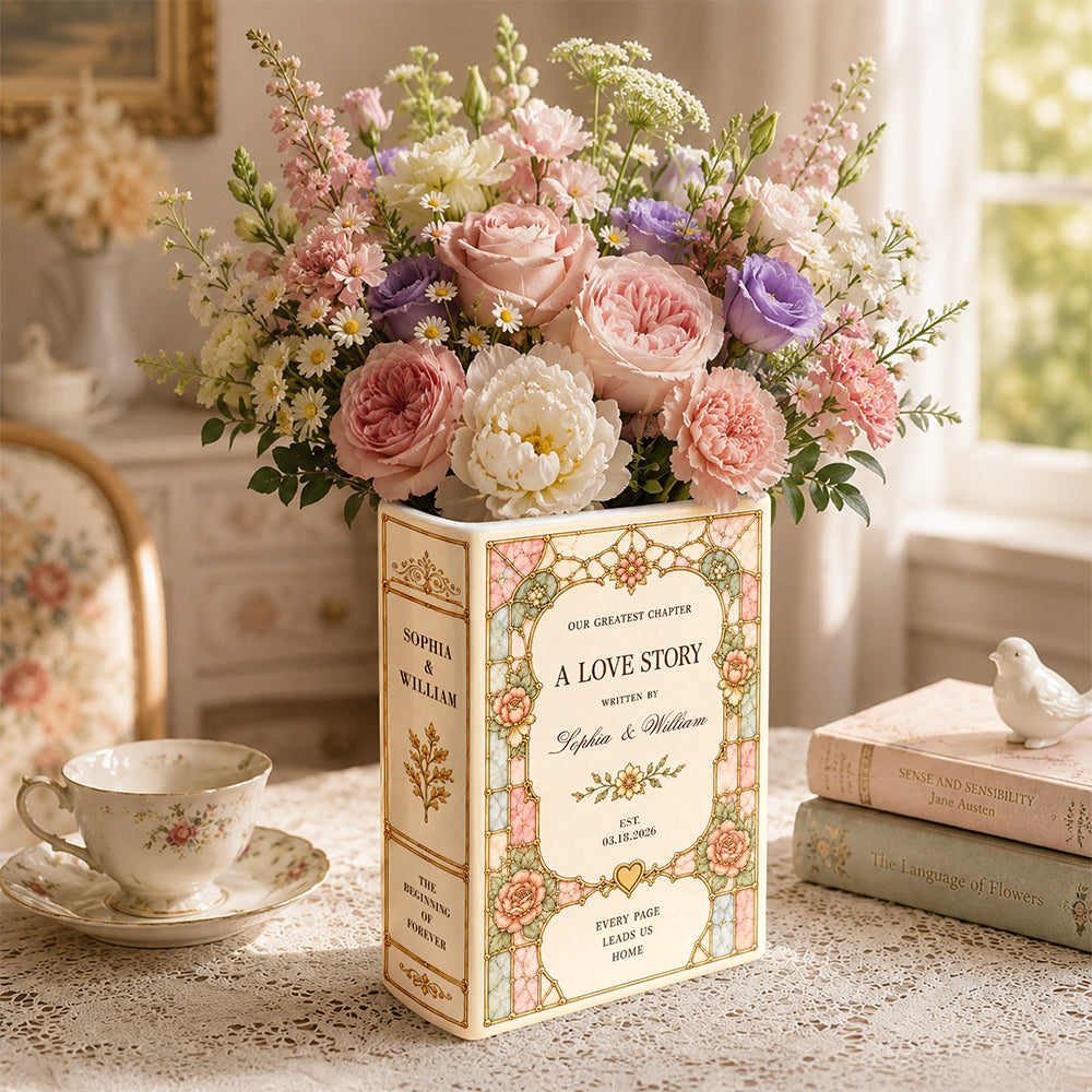 Personalized Wedding Toile De Jouy Ceramic Book Vase Bridal Shower Gift, Engagement Gift CH07 180192