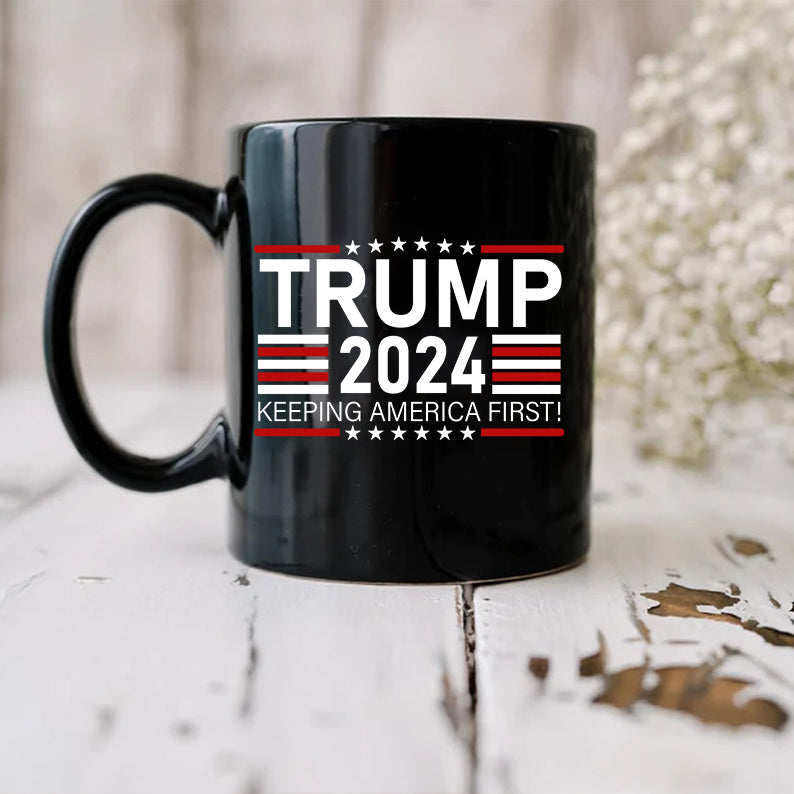 Trump 2024 Keep America First! With US Flag Black Mug HO82 62768