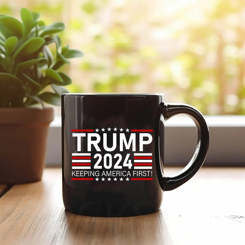 Trump 2024 Keep America First! With US Flag Black Mug HO82 62768