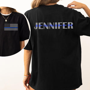 Custom Name Blue Line With American Flag Dark Back And Front Shirt Gift For Police HO82 65696