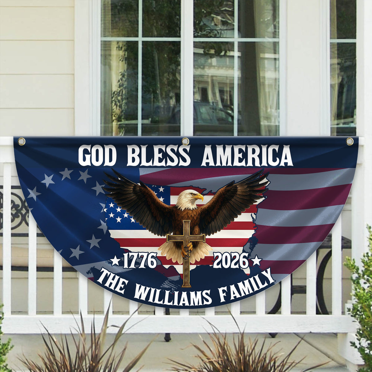 Custom Family Name Patriotic 250th Anniversary God Bless America Eagle 1776–2026 Non-Pleated Fan Flag HA75 920118