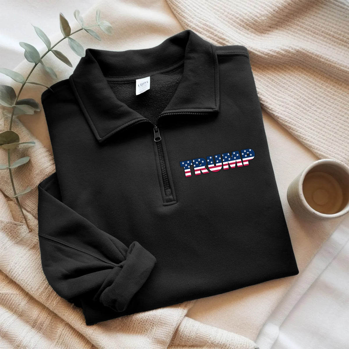 Trump Flag Text Printed Quarter Zip Sweater TH10 64619