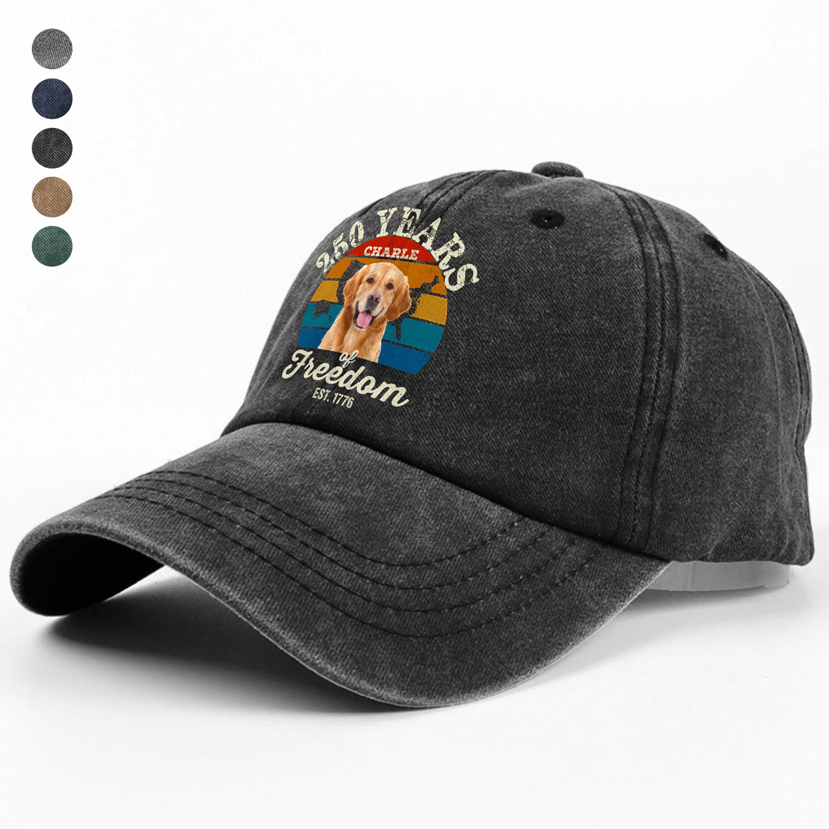Custom Dog Photo 250 Years of Freedom EST. 1776 Washed Denim Baseball Cap LM32 895329