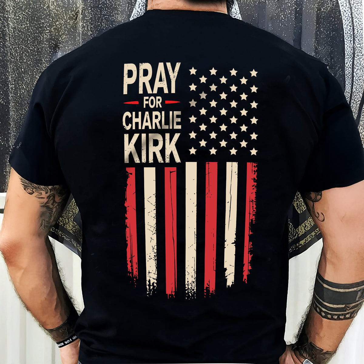 Distressed American Flag: Pray for Charlie Kirk Backside Dark Shirt LM32 65621