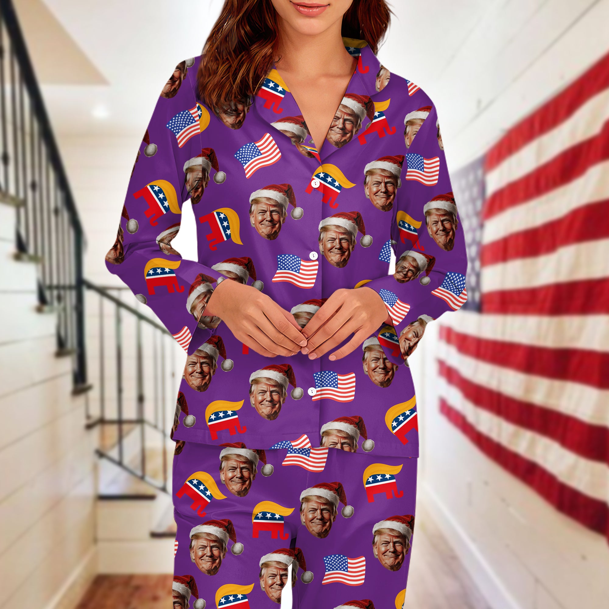 Custom Trump Face With US Flag Flannel Pajamas HA75 64054