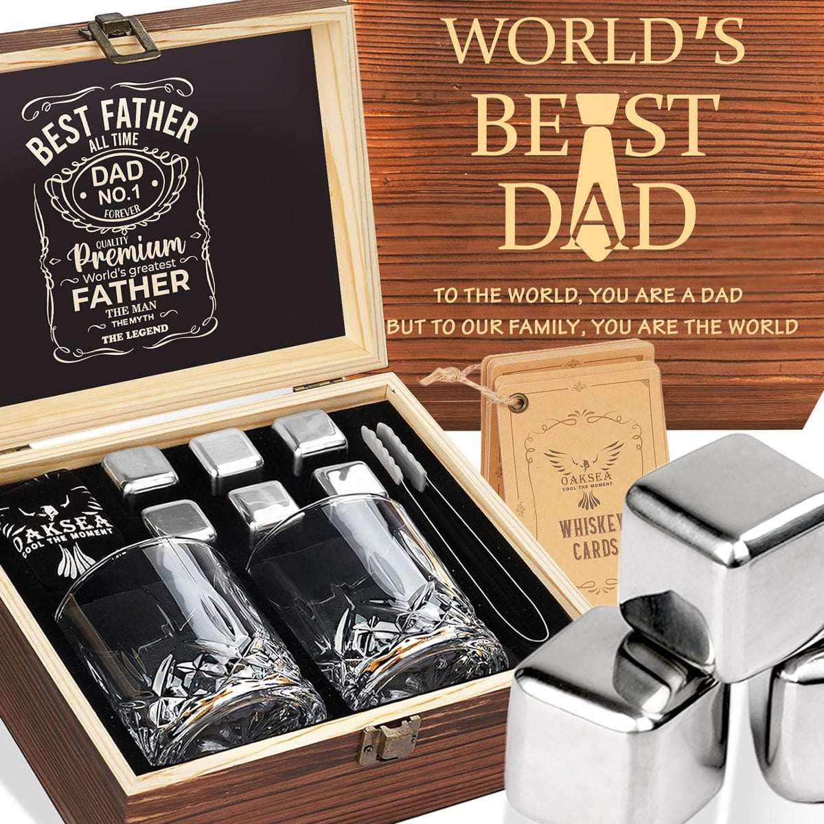 Gifts for Men, Dad Birthday Gifts for Fathers Day from Daughter Son Wife, Engraved World'S Best Dad Whiskey Stones Glasses Set, Cool Bourbon Scotch Cocktail Set Gifts