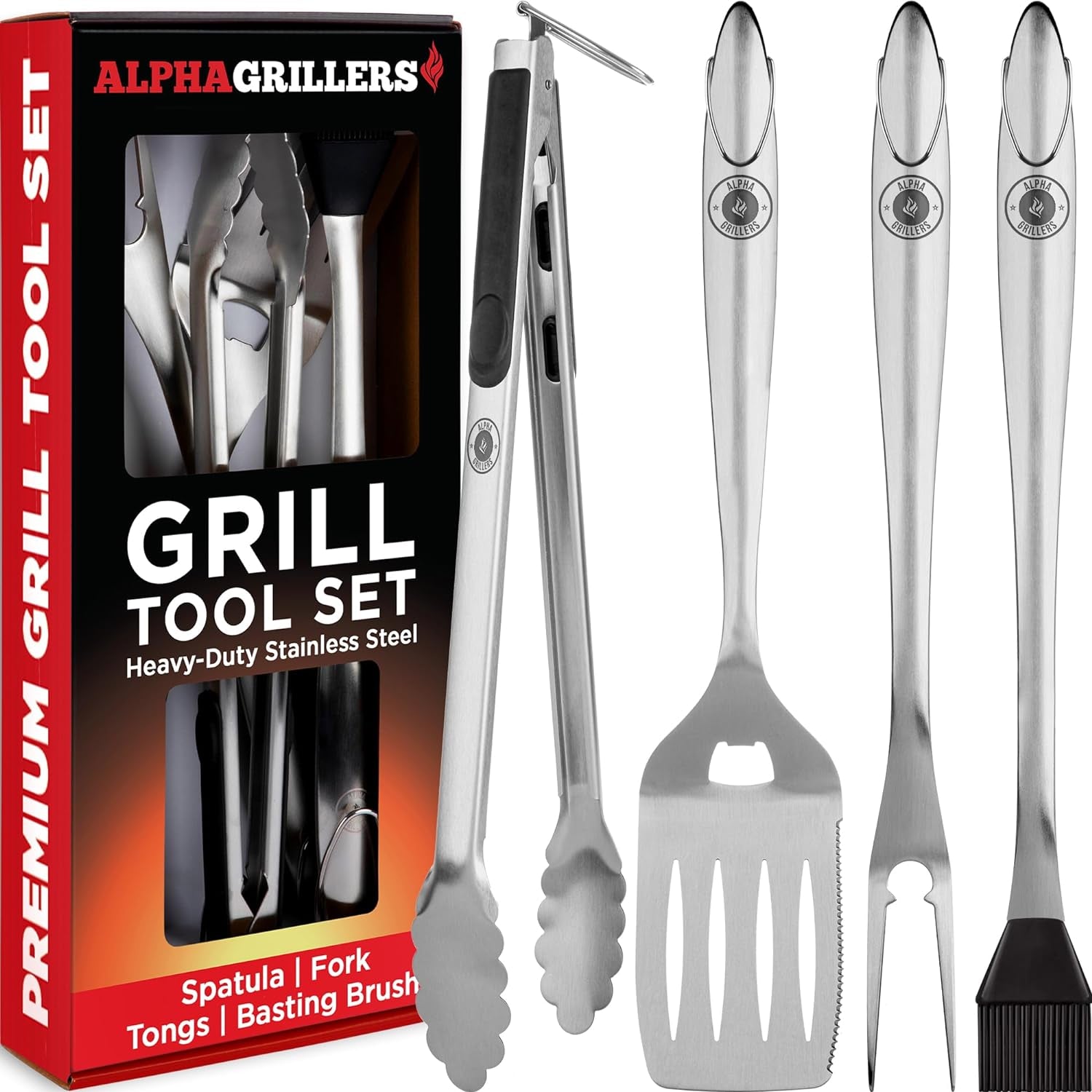 Grill Set Heavy Duty BBQ Accessories - BBQ Gifts Tool Set 4Pc Grill Accessories with Spatula, Fork, Brush & BBQ Tongs - Grilling Cooking Gifts for Men Dad Durable, Stainless Steel