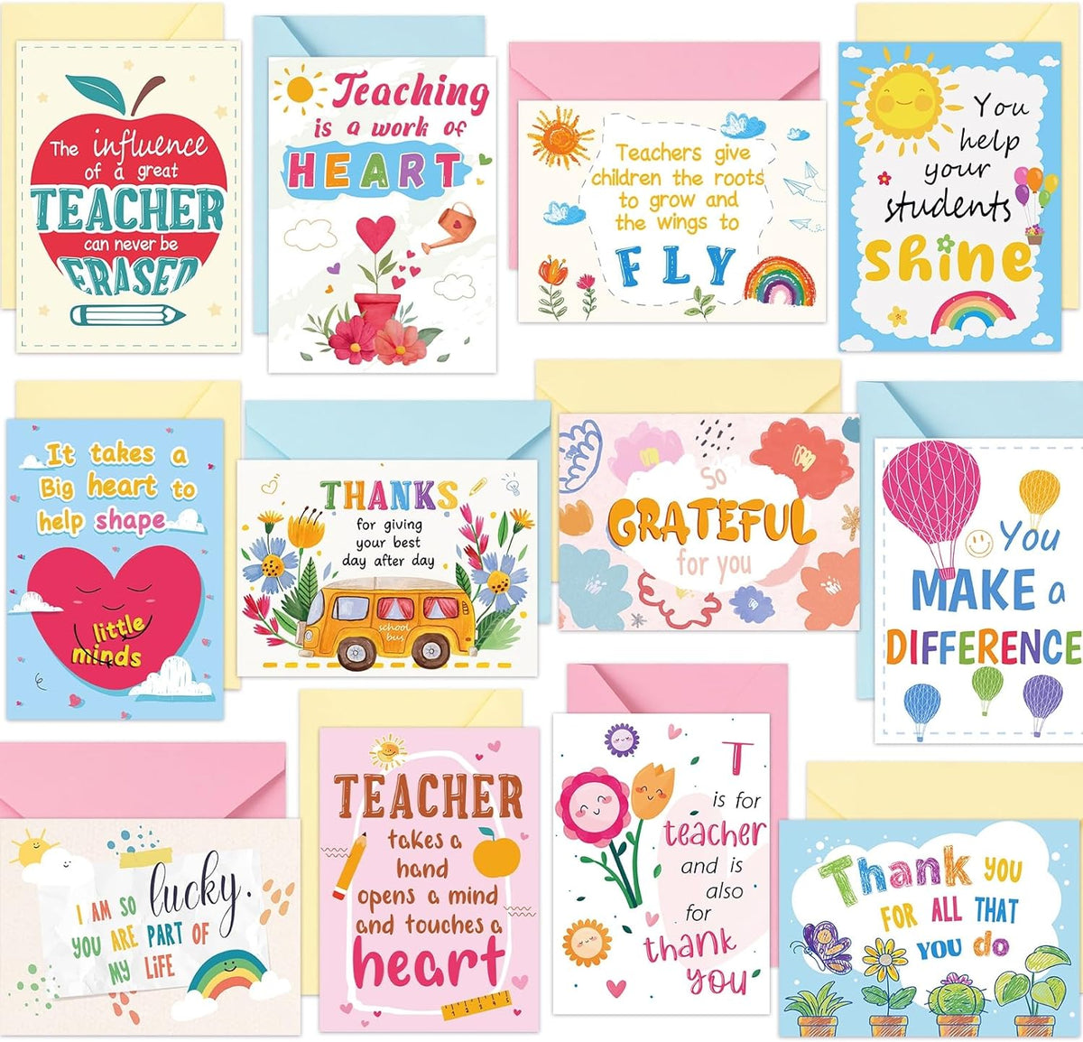 30 Teacher Appreciation Cards Bulk with Envelopes - Teacher Thank You Cards 300GSM Blank Greeting Cards for Teachers, Employees, Nurse, Volunteers and Doctor