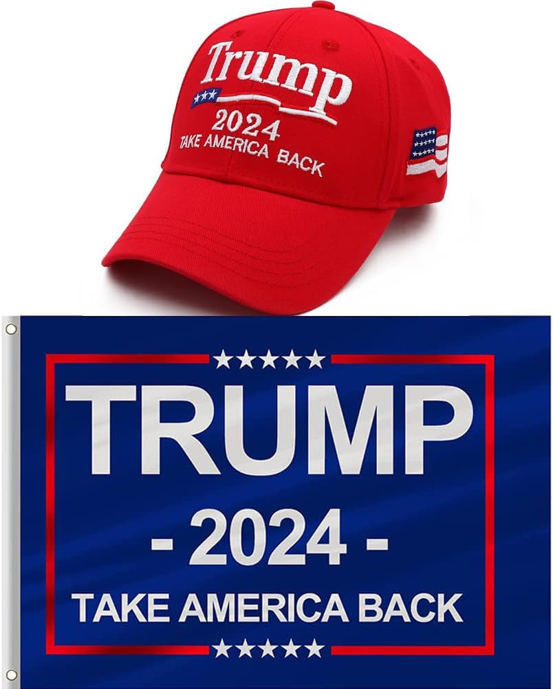 Trump 2024 MAGA Hat and Trump Flag Set, Trump 2024 Hat Take America Back Baseball Cap