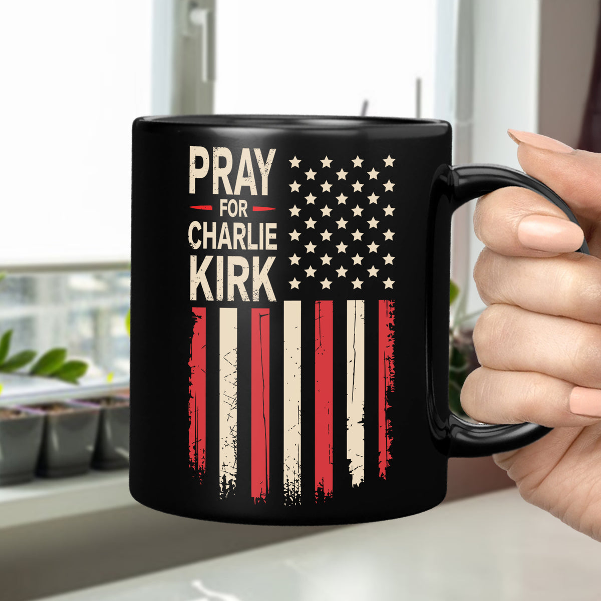 Distressed American Flag: Pray for Charlie Kirk Memorial Black Mug LM32 65619