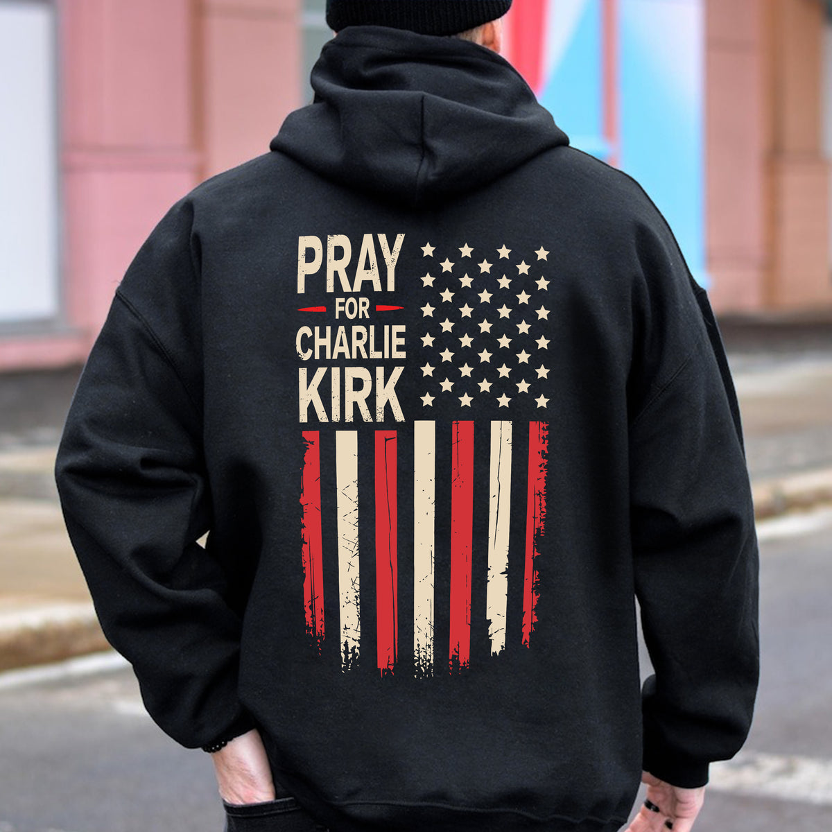 Distressed American Flag: Pray for Charlie Kirk Backside Dark Shirt LM32 65621