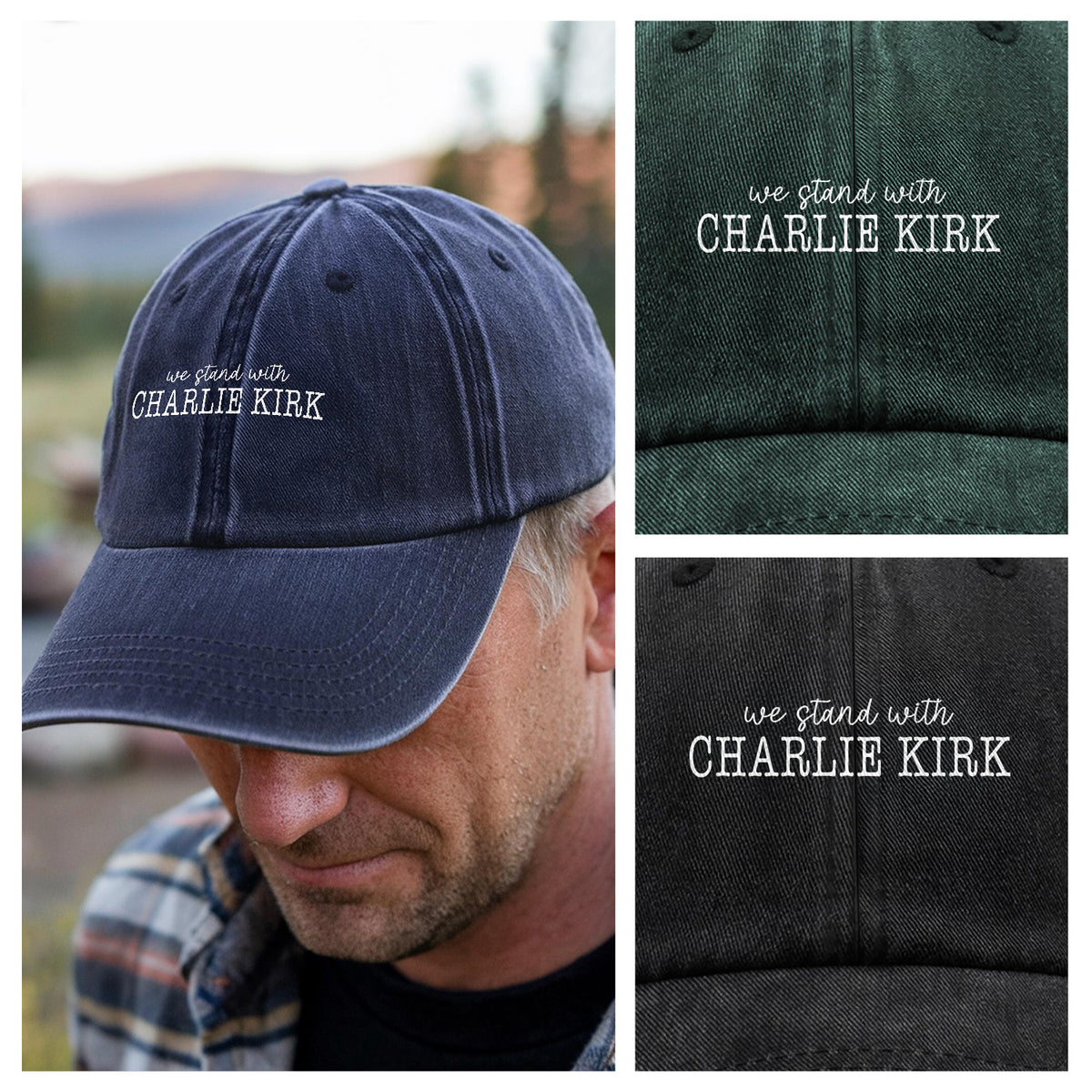 We Stand With Charlie Kirk Memorial Washed Denim Baseball Cap LM32 65443