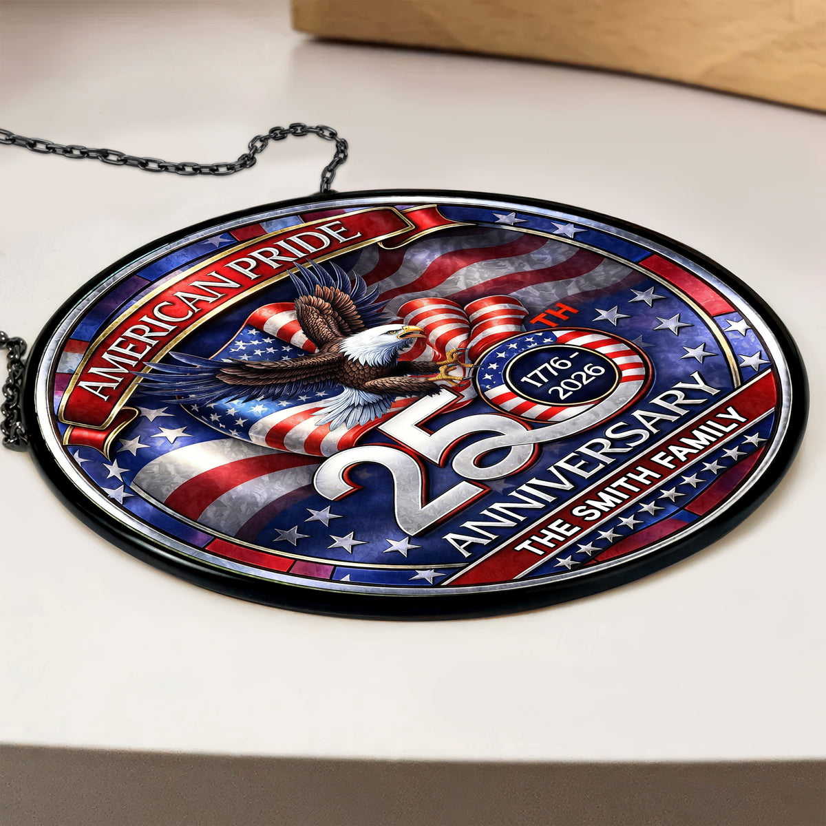 Custom Family Name American Pride Patriotic 250th Anniversary Eagle 1776–2026 Stained Glass Suncatcher HO82 901486