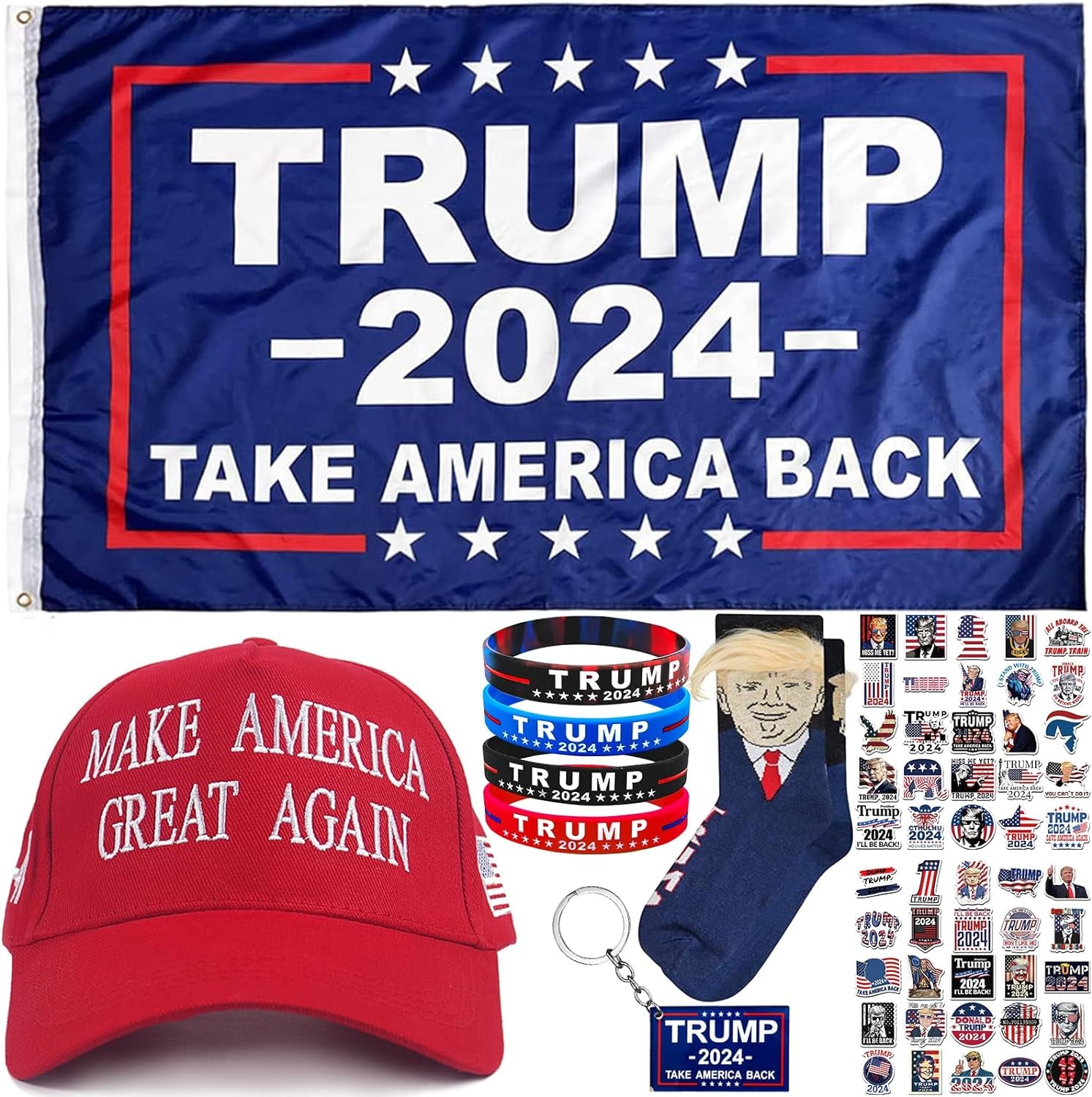 Supporter Kit Trump 2024 Flag 3 * 5Ft Trump Take Ameirica Back Flags Banner Trump Stickers Trump Hat Trump Socks Trump Keychain Trump Bracelets