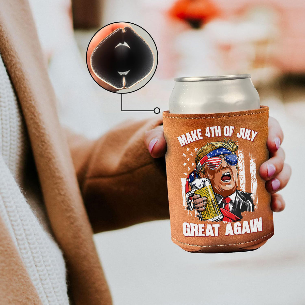 Trump Cheers Make 4th Of July Great Again Leather Can Cooler Holder LM32 65373