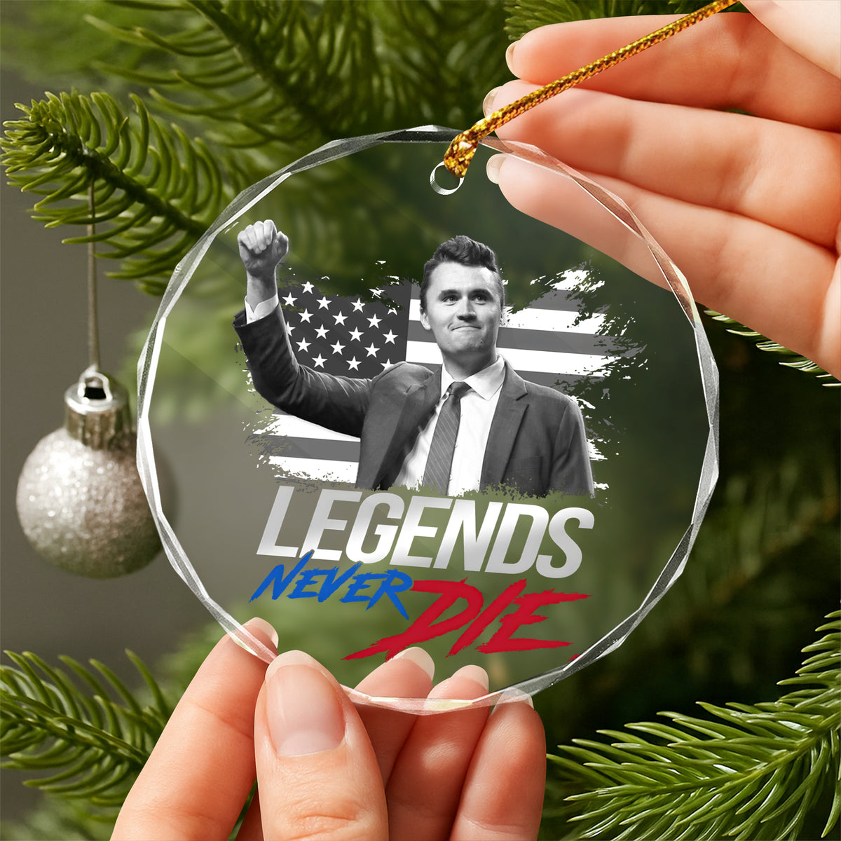 Pray For Charlie Kirk, Legends Never Die, Memorial Glass Ornament LM32 65573