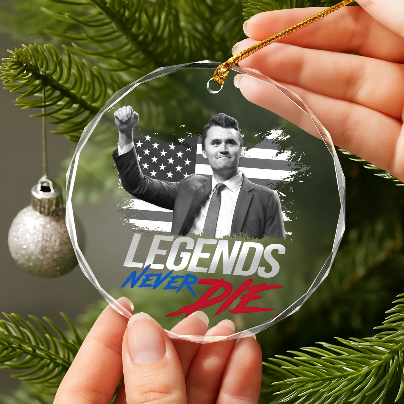 Pray For Charlie Kirk, Legends Never Die, Memorial Glass Ornament LM32 65573