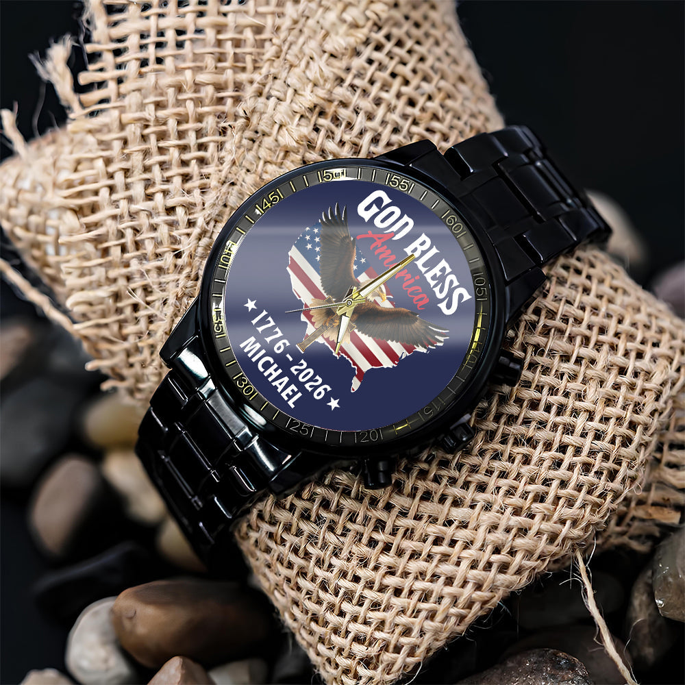 Personalized Name Patriotic 250th Anniversary God Bless America Eagle 1776–2026 Men's Wrist Watch HO82 901560