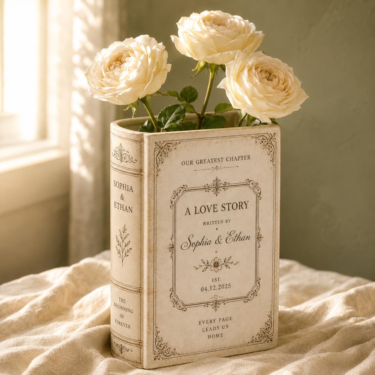Custom Wedding A Love Story Toile De Jouy Ceramic Book Vase Bridal Shower Gift, Engagement Gift CH07 180122